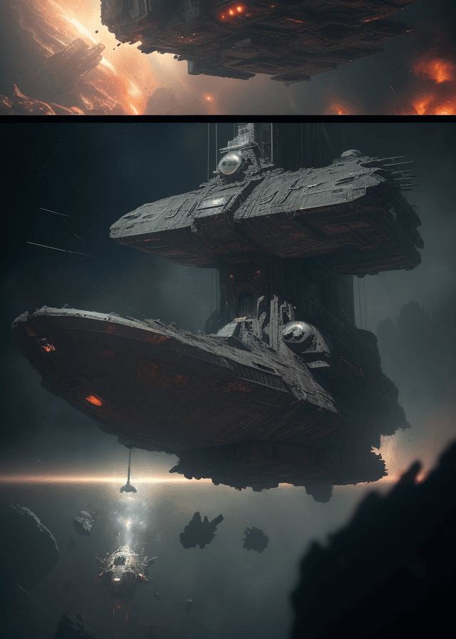 AI generated:  Block shaped star ship, steampunk, severely damaged spaceship,  gashes on surface, exposed interior...
