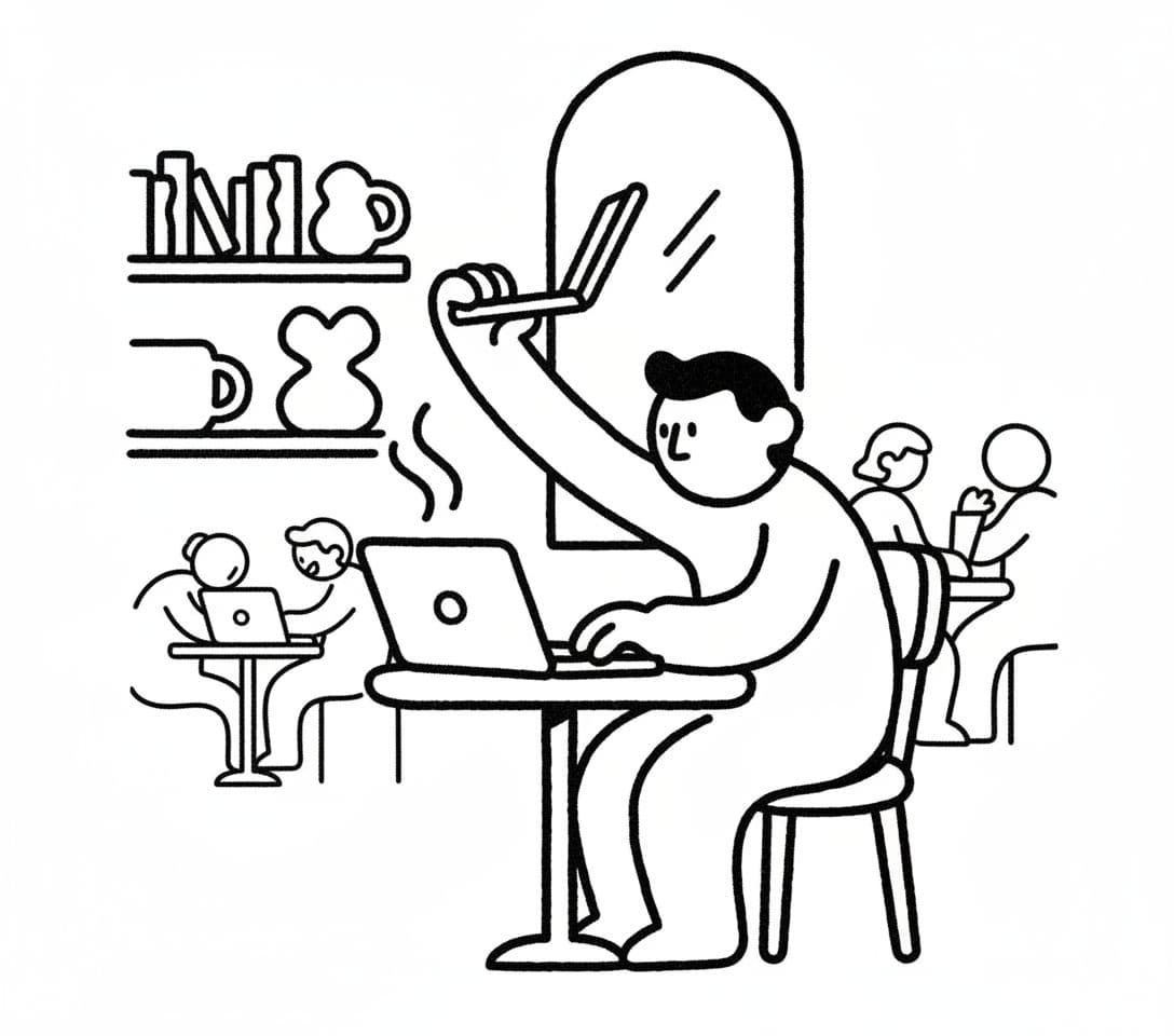 AI generated: Playful abstract black-and-white illustration of a freelancer working at coffee shop
, thick uneven...