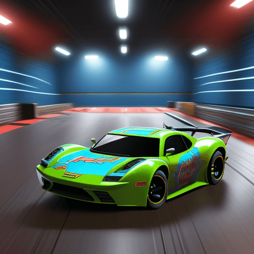 AI generated: cinematic CG 8k wallpaper, action scene from Hot Wheels tabletop racing game, bogus room environment...