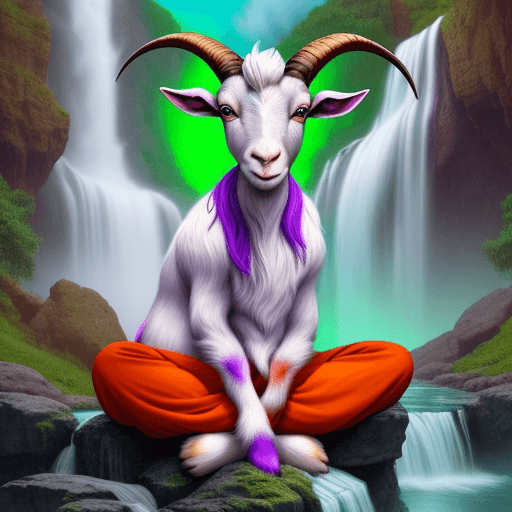AI generated: Create a picture of a vibrant goat that is green, orange, red, and purple. This goat is mystical and...