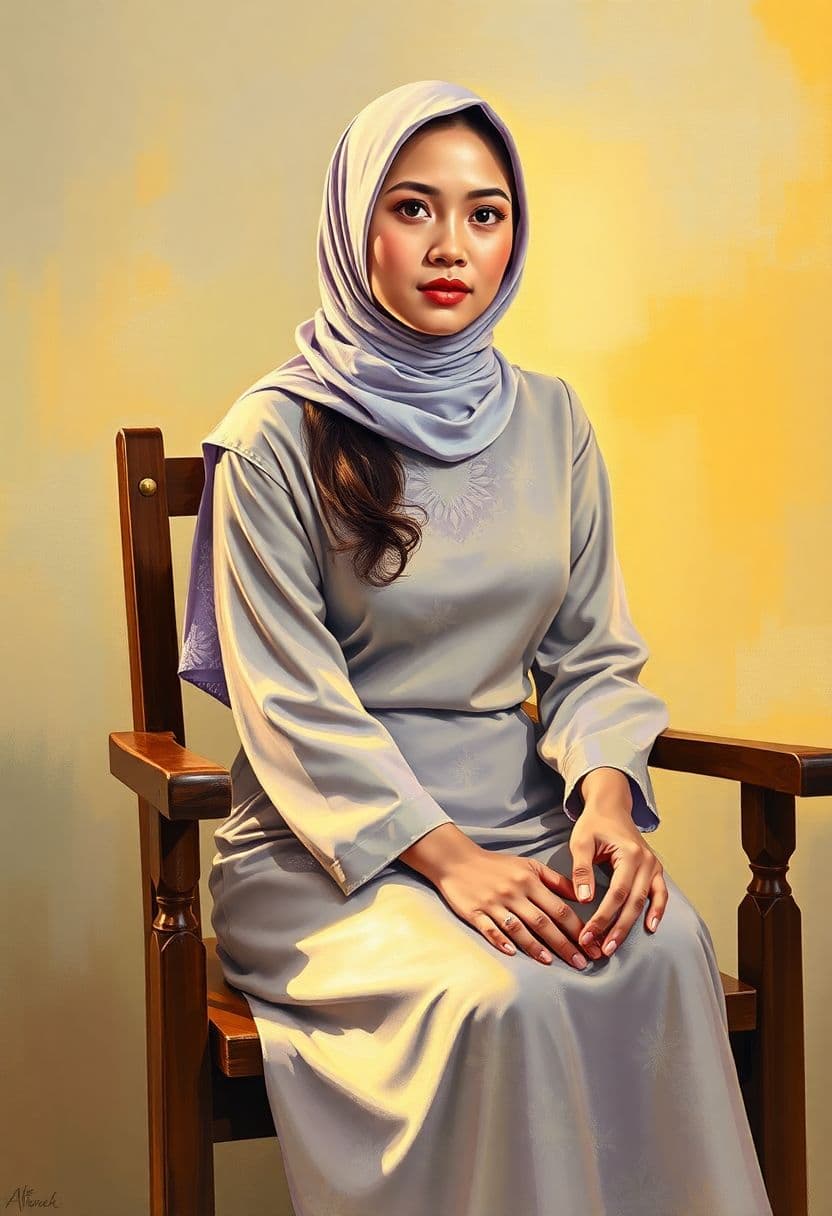 AI generated: A vertical portrait (1:2 aspect ratio) in impressionist painting style of a poised Malay woman seate...