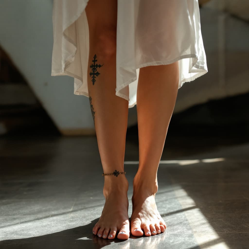 AI generated: nsfw photo, caucasian woman, petite, short skirt, upskirt, panties showing, anklet, toe rings, tatto...