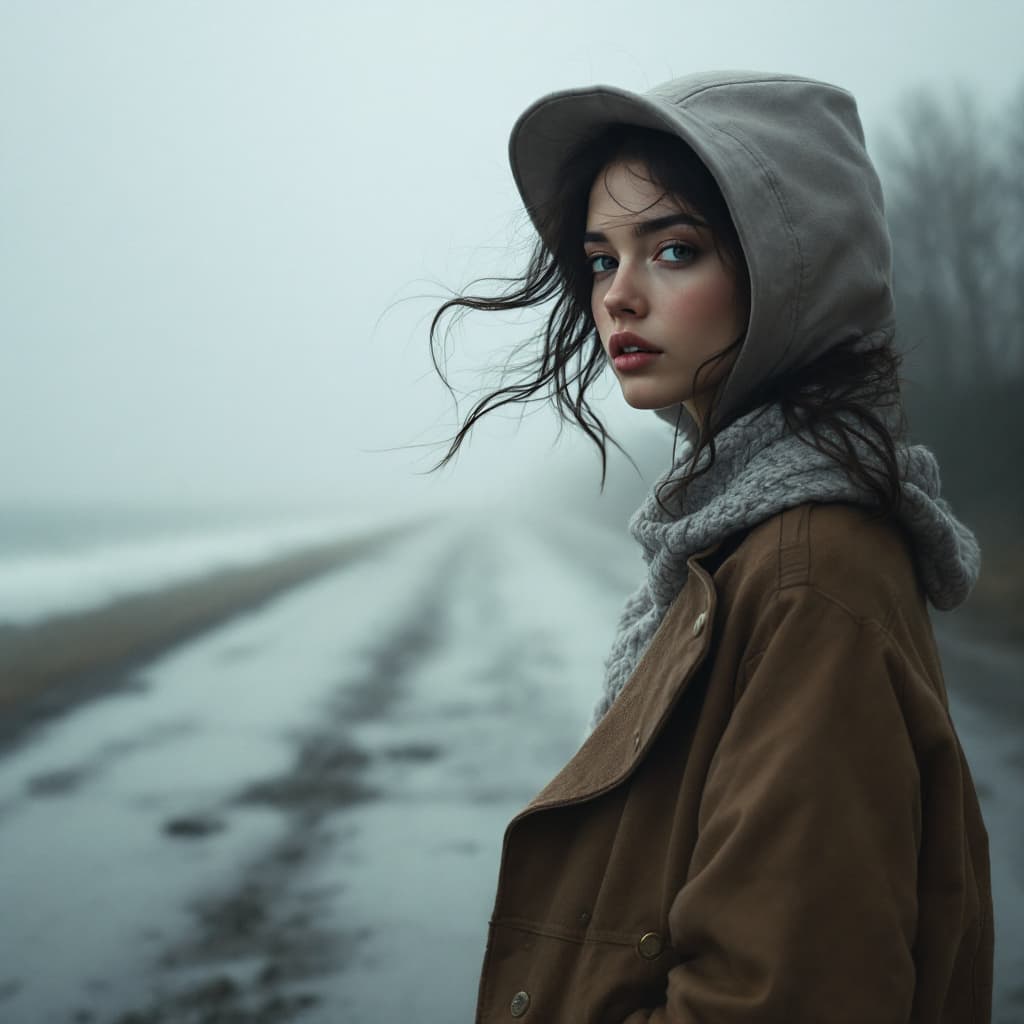 AI generated: girl standing on a foggy pavement while holding her purse, in the style of yigal ozeri, video, beach...