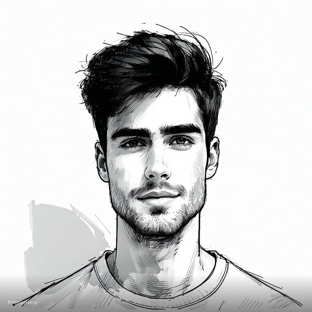 AI generated: young man with long face, with clean shaven short beard, with dark hair, without hat, without glasse...