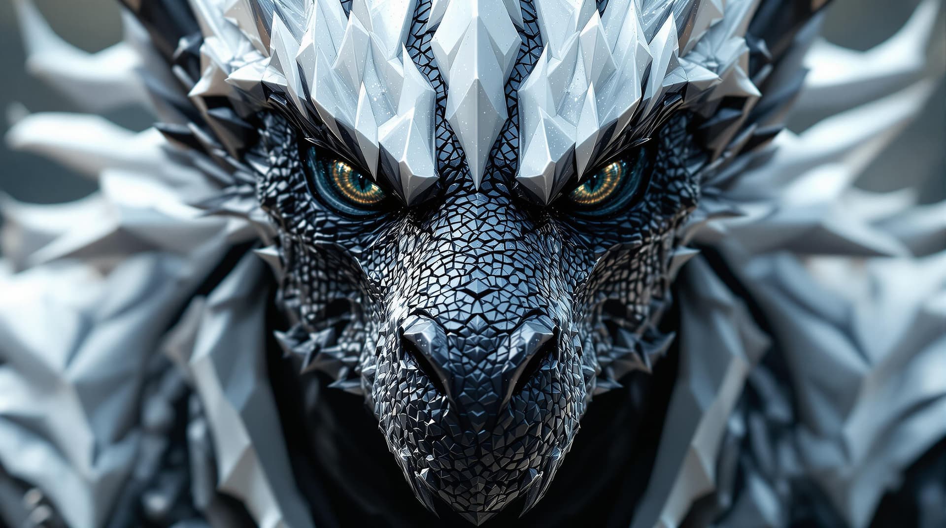 AI generated: close up Portrait of an epic giant black dragon head with the face of greatness, wears white crystal...
