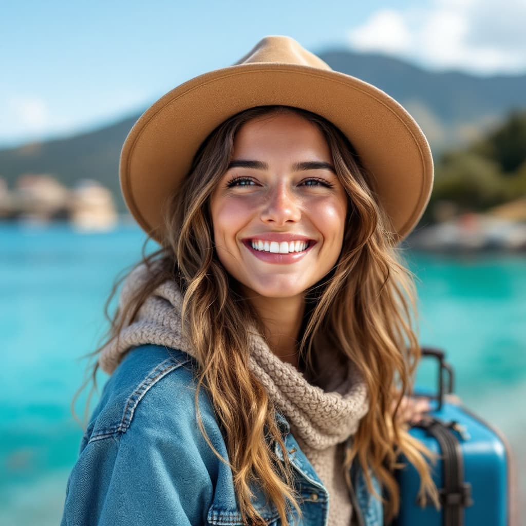 AI generated: une jeune femme qui est sur le point de voyager en Amérique et qui est toute heureuse en montrant ce...