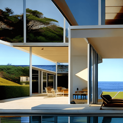 AI generated: Hyper realistic eye level exterior photo of a mid century modern style house overlooking the ocean, ...