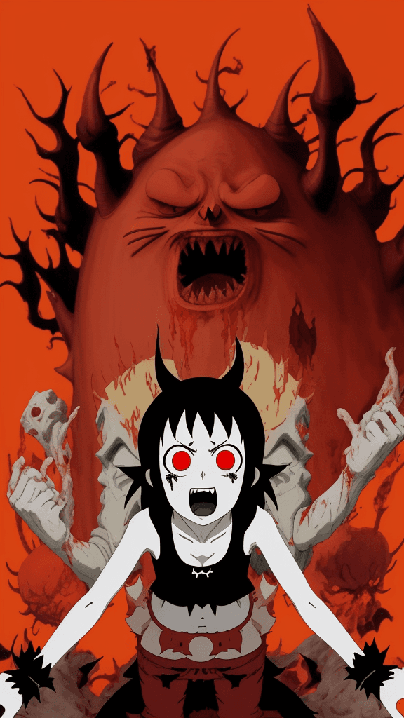 AI generated: devilish Studio Ghibli 16k4d rfktrstyle"paranoid  bloody hellish hilarious pose in a fitting the des...