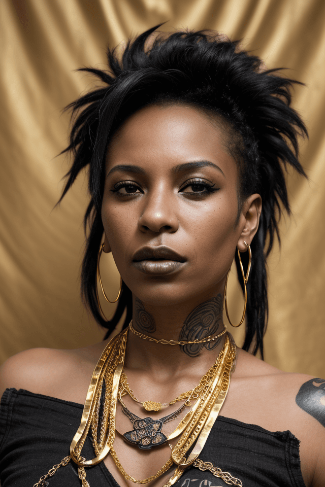 AI generated: The subject is a stunning gorgeous BLACK punker female with beautiful gold jewelry, up-close and per...
