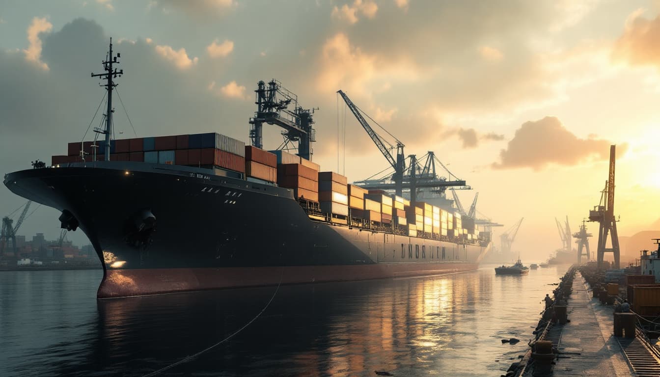 AI generated: A hyper-realistic image of a futuristic large container ship in a port, dramatic light, pale sunrise...