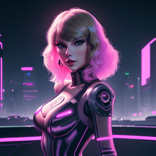 AI generated: a woman who just happens to look 99. 9% like Taylor Swift, in a shiny lux future style clothes, posi...