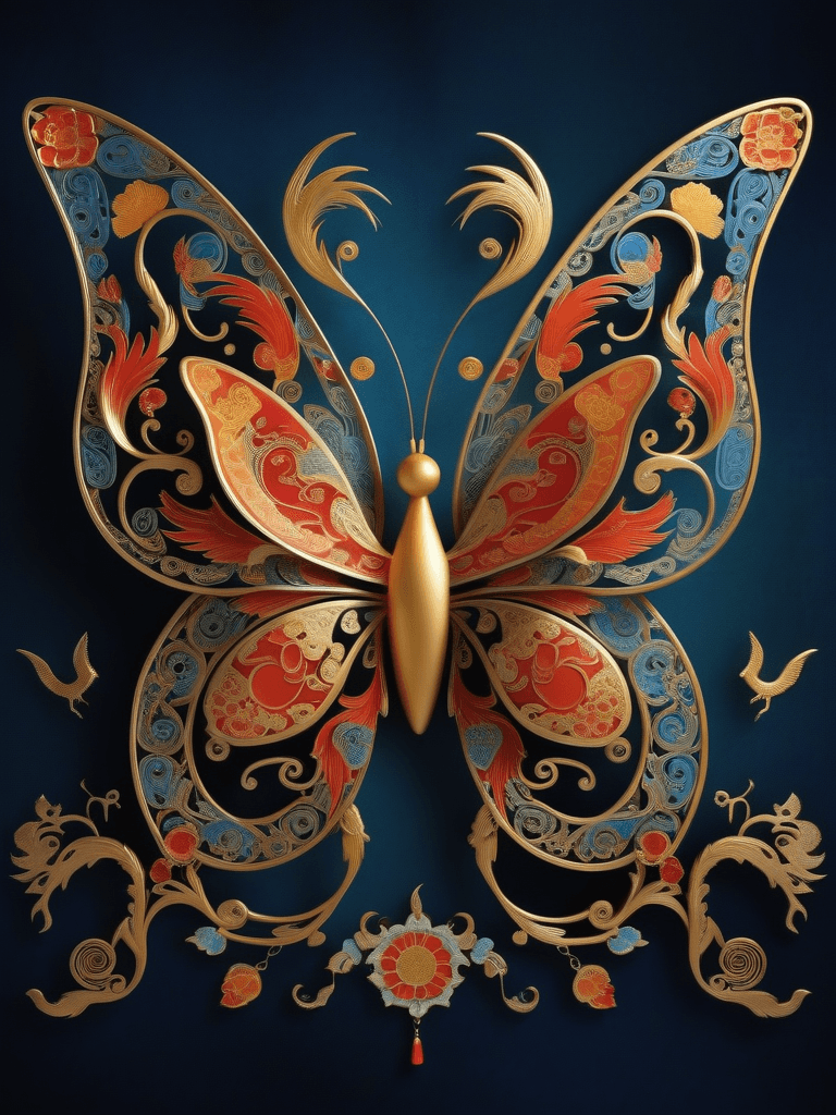 AI generated: artistic representation of a Chinese lunar butterfly with motifs of phoenix and dragons, representin...