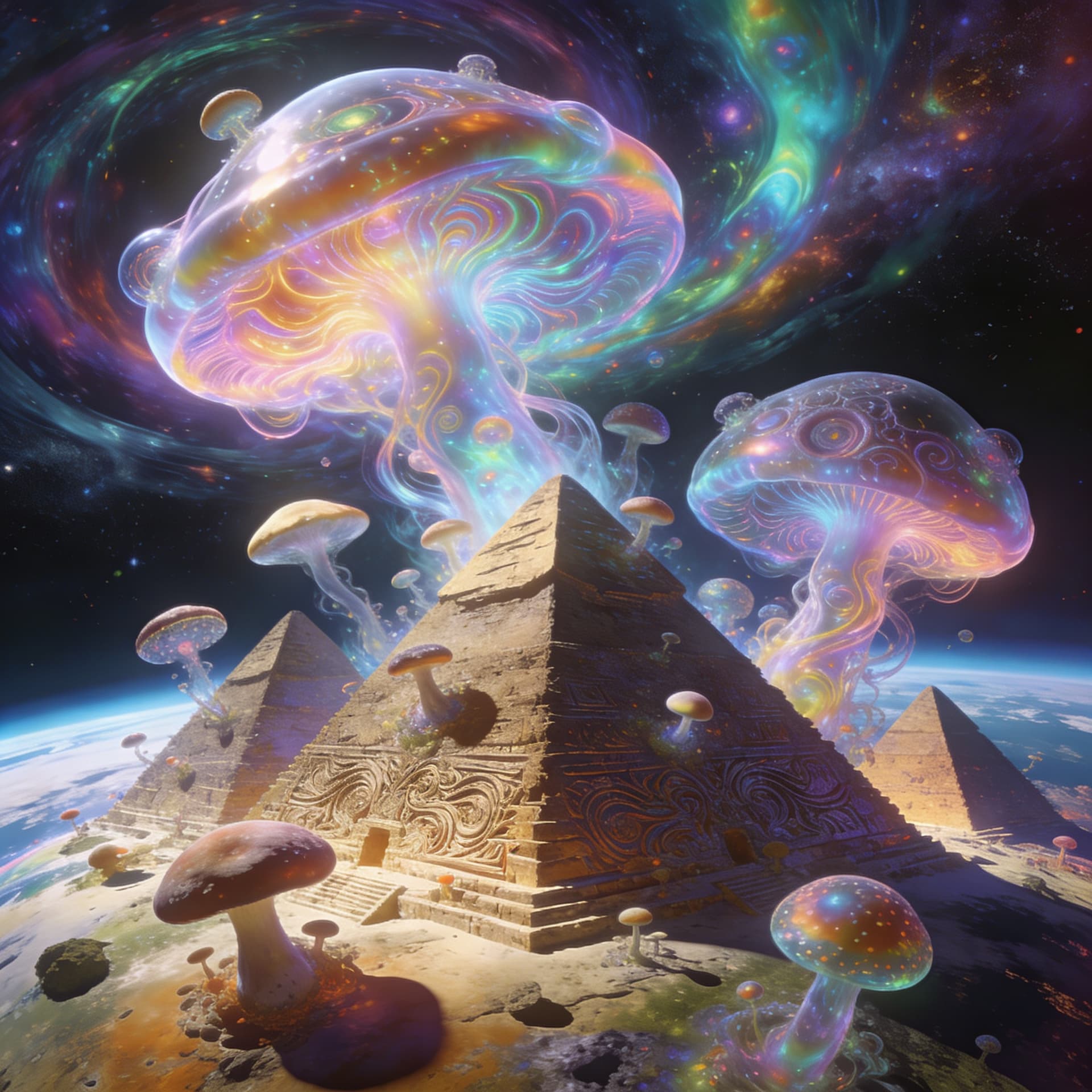 AI generated: a psychedelic, surreal fractal fantasy made from the energy of the universe. Evolving from pyramids ...