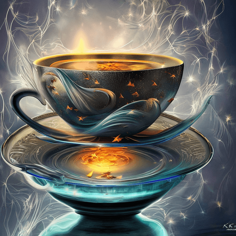 AI generated: a tea cup sitting on top of a saucer, digital art,fantasy art,  glass and lights, photoreal epic com...