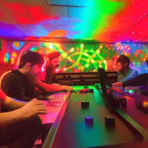 AI generated: 5 man friends, in amsterdam, colorful leds and walls, psychedelic atmosphere, console game, with can...