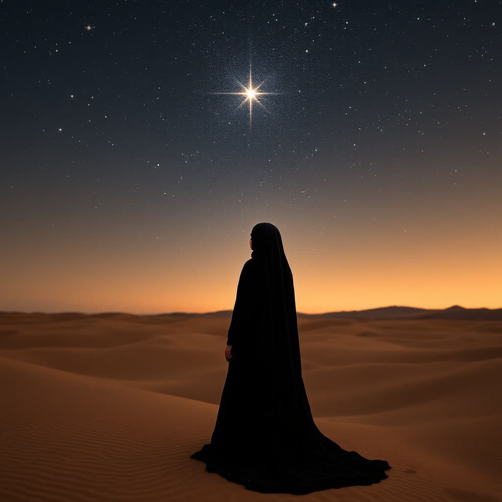 AI generated: A tall woman in an Islamic hijab and a long black dress, with her back to the camera, is looking int...