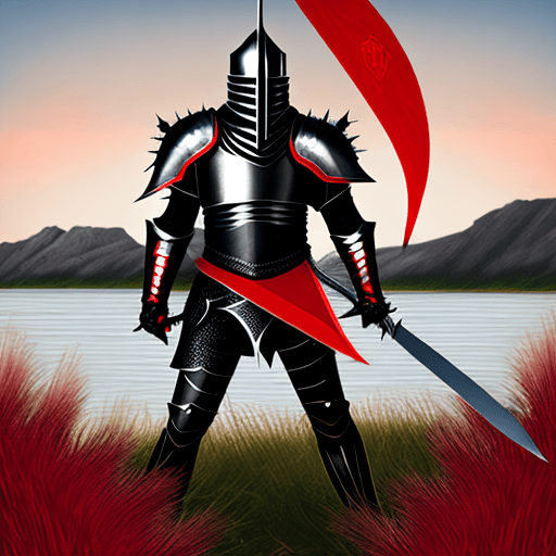 AI generated: A knight in shiny metallic armor with black as the main color and red as the edges (the red color is...