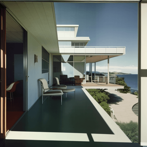AI generated: Hyper realistic eye level exterior photo of a mid century modern style house overlooking the ocean, ...