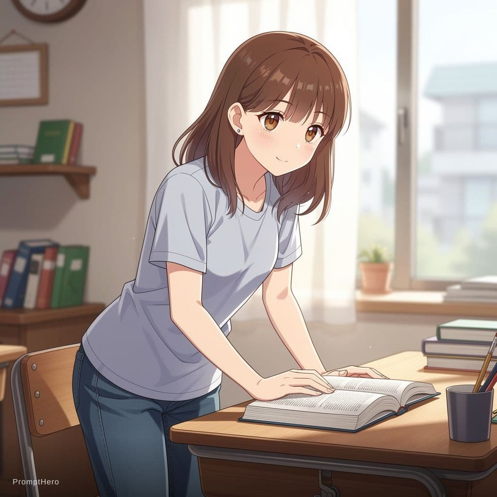 AI generated: hentai anime bend over, brown hair, brown eyes