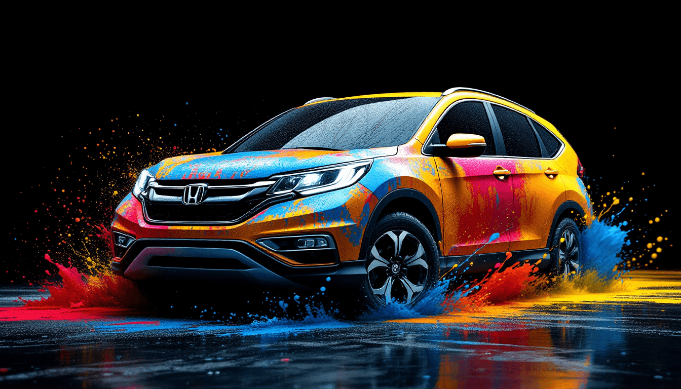 AI generated: ((a car)),The honda 2015CRV is driving,solo,Color paint splash,Dynamic,covers the surface of the car...