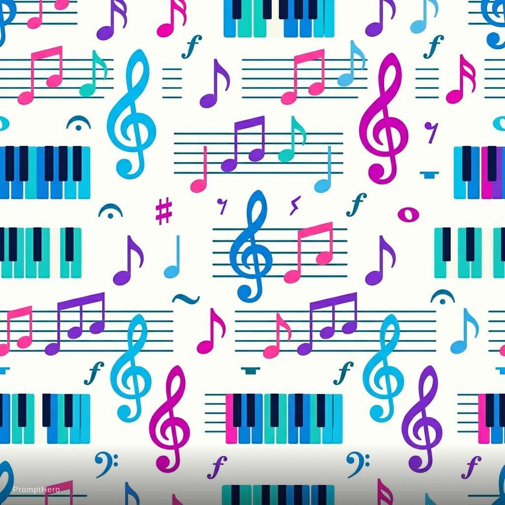 AI generated: Simple repeating pattern of musical elements, bright and cheerful colors, vibrant blues, purples, te...