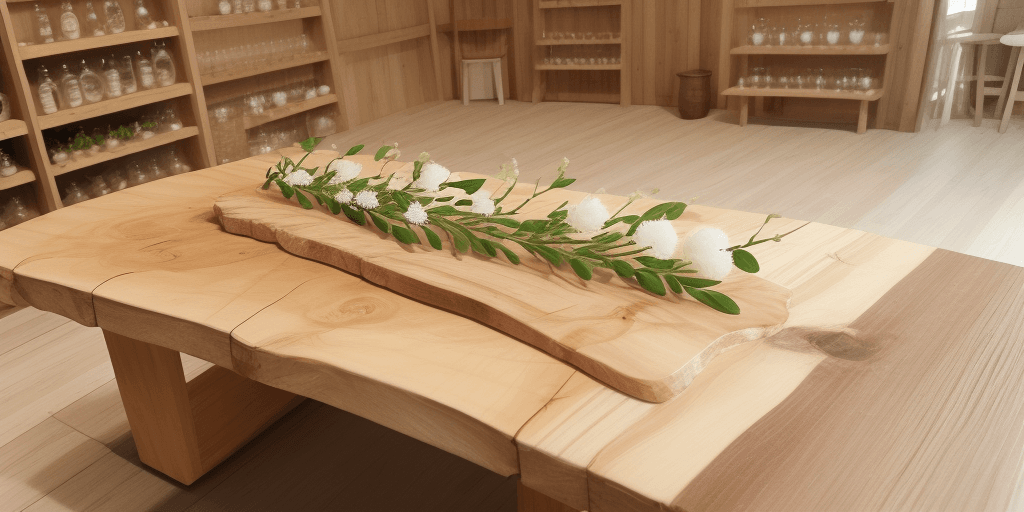 AI generated: Fondo una mesa de madera de olivo. A la izquierda unas ramas de olivo con sus aceitunas. Justo al la...