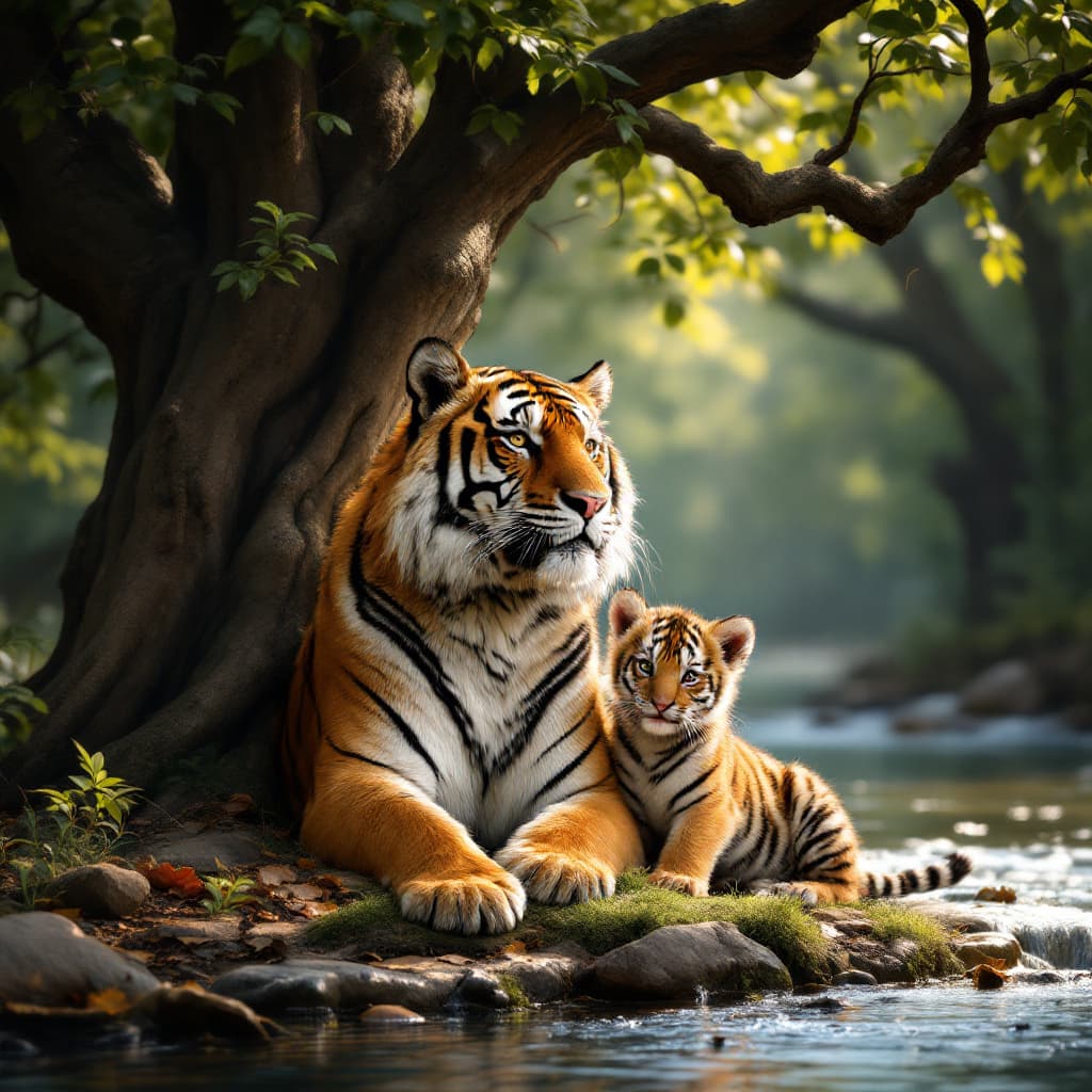 AI generated: A majestic tiger and its cub sitting peacefully under a large, leafy tree near a gently flowing stre...