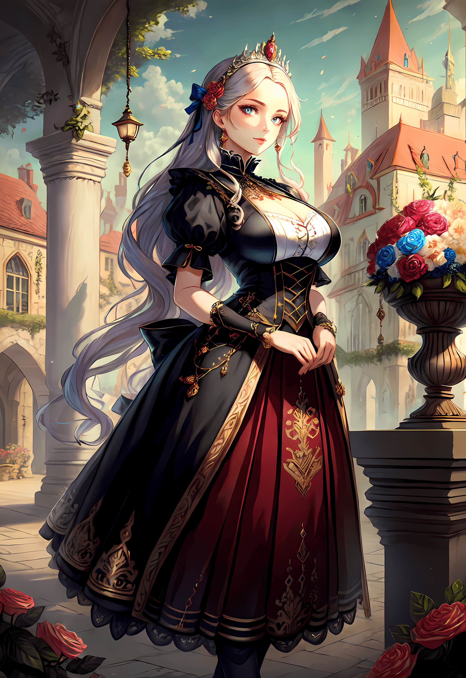 AI generated: (royal, woman, highly detailed clothes adorned with laces and floral elements, luxurious laces), rev...