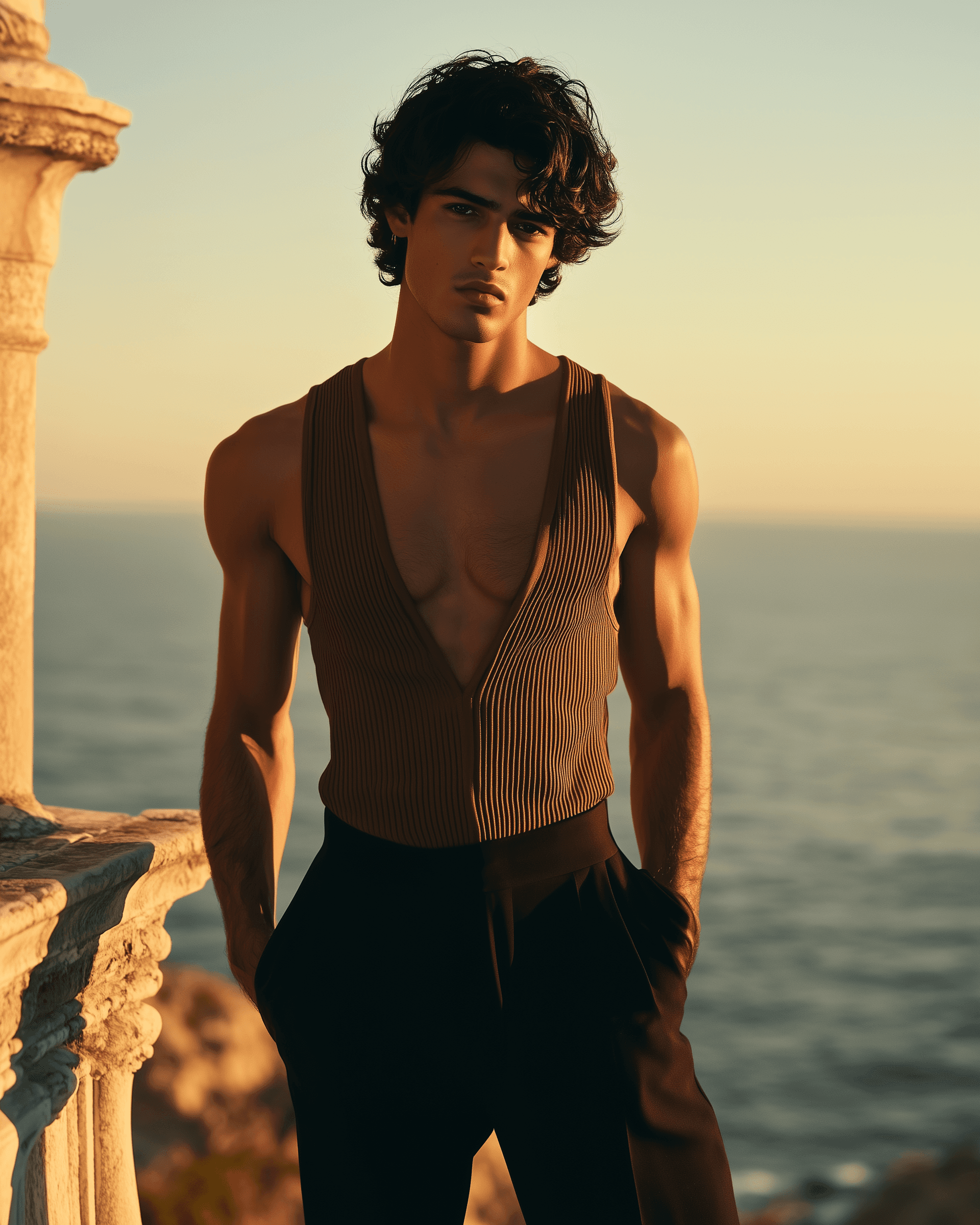 AI generated: A French Algerian male model with dark hair and light skin, wearing an open brown ribbed tank top an...