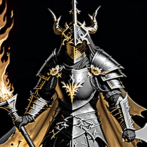 AI generated: Lord of the Frenzied Flame, Elden Ring, black overlapping plate armor edged with gold, black overlap...
