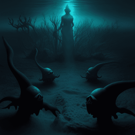 AI generated: a seabed with strange and dark creatures