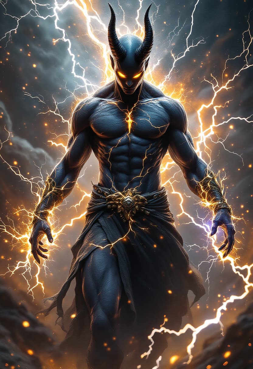 AI generated: God of Lightning and Electricity full-body, Etherial, muscular, charcoal colored skin, Glowing yello...
