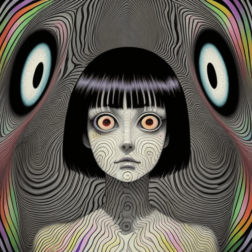 AI generated: mid 20s woman surrounded by eyes, by Junji Ito and Bridget Riley and JeeYoung Lee, manga, vivid colo...