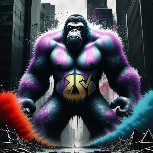AI generated: king Kong, Destroying Tokyo, graffiti art, splash art, street art, spray paint, oil gouache melting,...