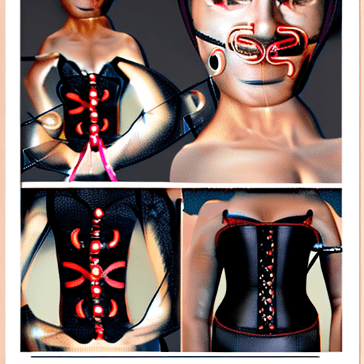 AI generated: An erotic 60 year old woman, very seductive, in a form fitted black latex BDSM corset, extreme short...