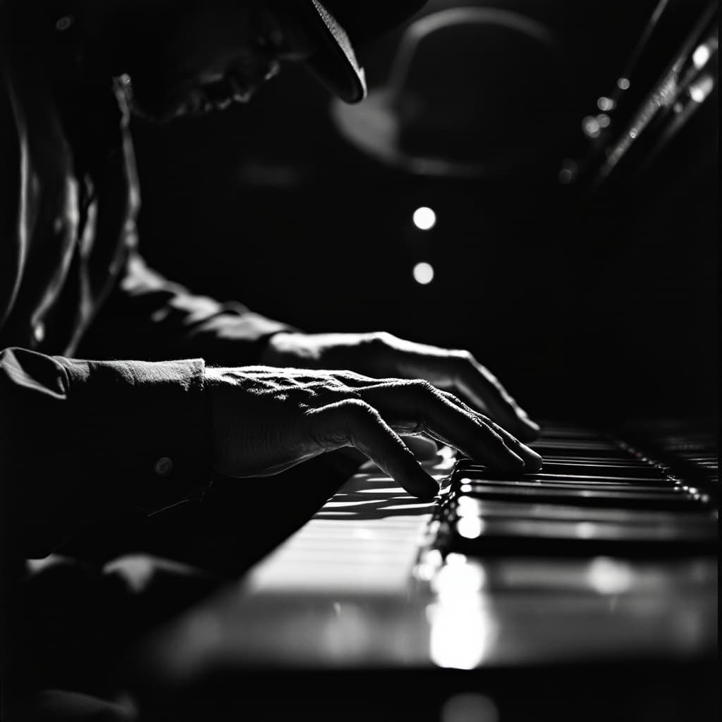 AI generated: Capture the essence of a jazz musician immersed in performance. Focus on hands skillfully dancing ov...