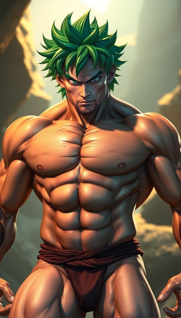 AI generated: Broly from Dragon Ball, caucasian complexion, big muscles and big thighs, green short hair, in his t...