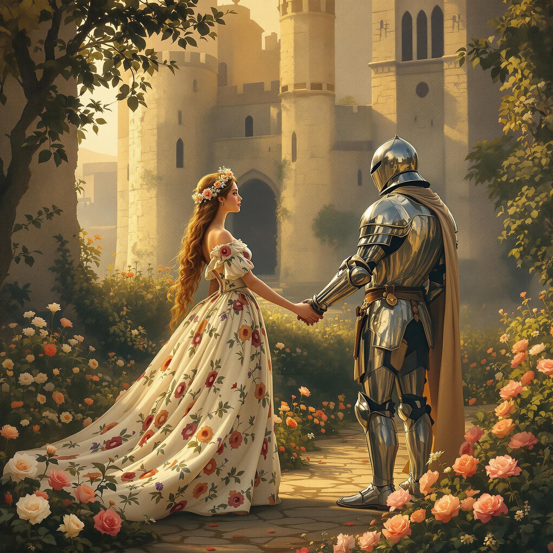 AI generated: A princess in a long floral dress, crowned with flowers, in front of an ancient stone castle, holdin...