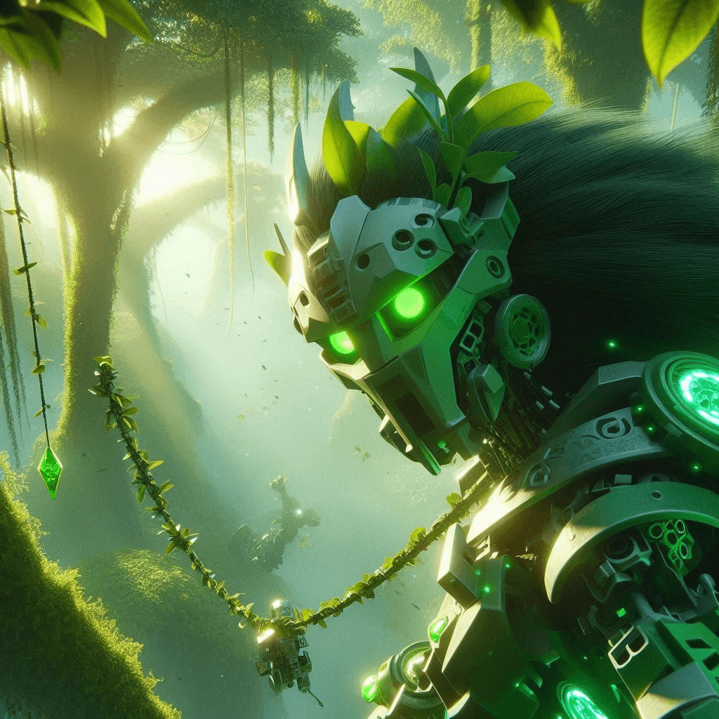 AI generated: Close-up Star Wars 4K cinematic CGI rendering of an ancient green Bionicle Matoran of Air with green...