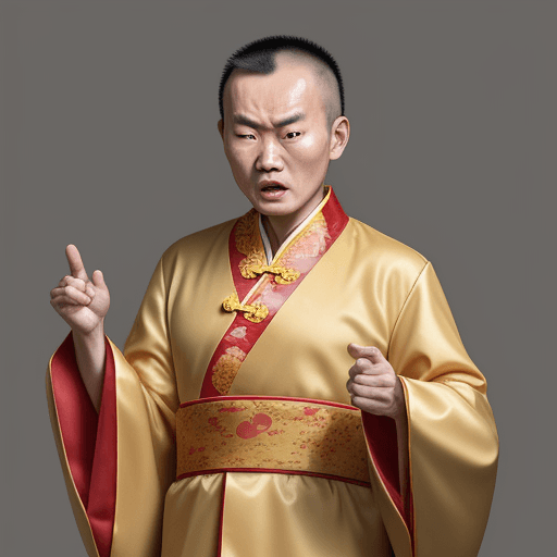 AI generated: single chinese man, older and comical in appearance, wearing emperor robes, angry at viewer for doin...