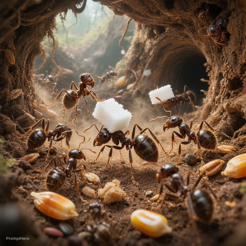 AI generated: Ultra realistic extreme macro tiny world photography inside a massive underground ant tunnel, dark b...