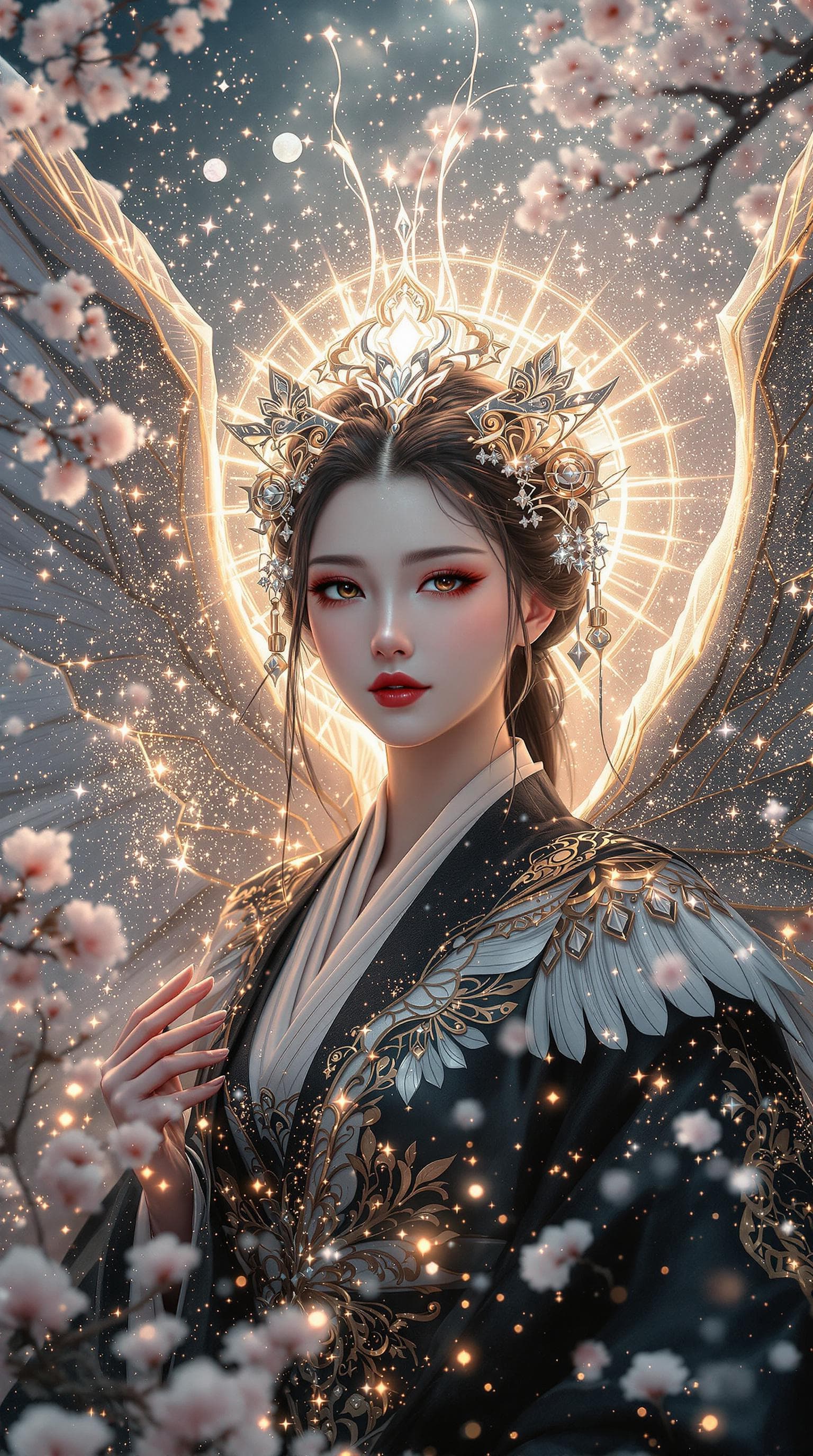 AI generated:    archangel character with a beautiful, delicate Japanese face, geisha-inspired features, and intri...