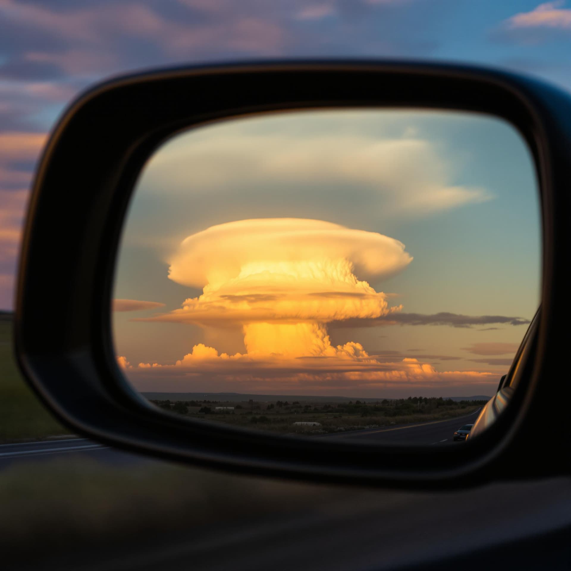 AI generated: A mushroom cloud at golden hour, reflected in a car rear view mirror

