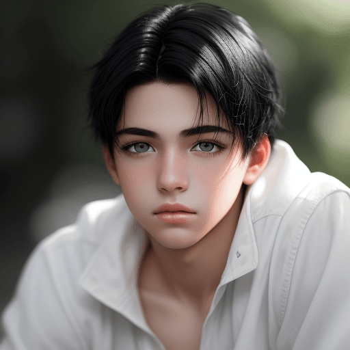 AI generated: Photography, photo of boy model, black hair, 300mm f/5. 8. Light silvery white, optical, soft focus,...