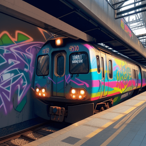 AI generated: Amidst the bustling city, a serene train stop unveils a stunning graffiti music adorning the side of...