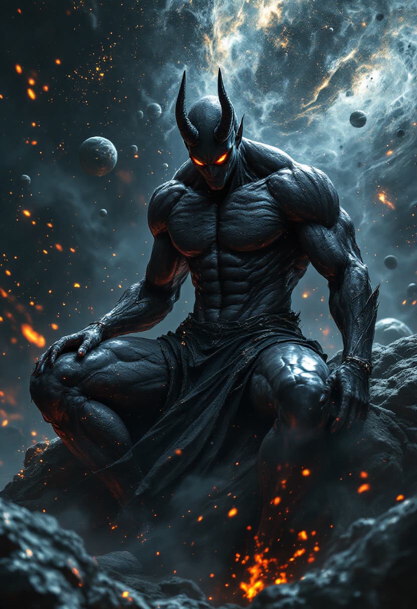 AI generated: God of Devils and Demons full-body, Etherial, muscular, Glowing Black eyes, Charcoal skin, epic, cin...