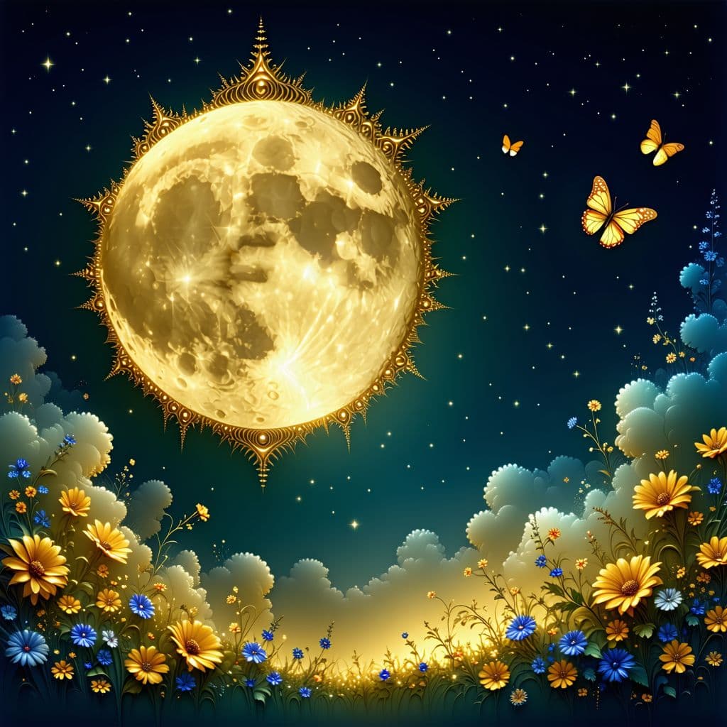AI generated: A large golden Moon, landscape, fractal clouds filigree, flowers, silhouette of a moth floating towa...