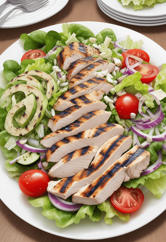 AI generated: create a grilled chicken salad, accompanied by lettuce, tomato, olive and cucumber, large plate, rea...