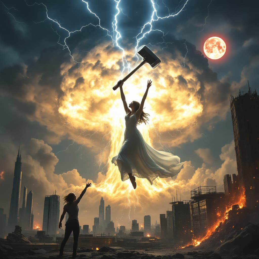 AI generated: The image is of a woman. She is in her mid 30s. She is standing in the air. She is holding a giant s...