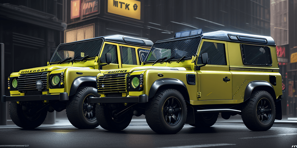 AI generated: cinematic CG 8k wallpaper, close up, dynamic scene, ultra realistic sunbeam yellow valiance land rov...